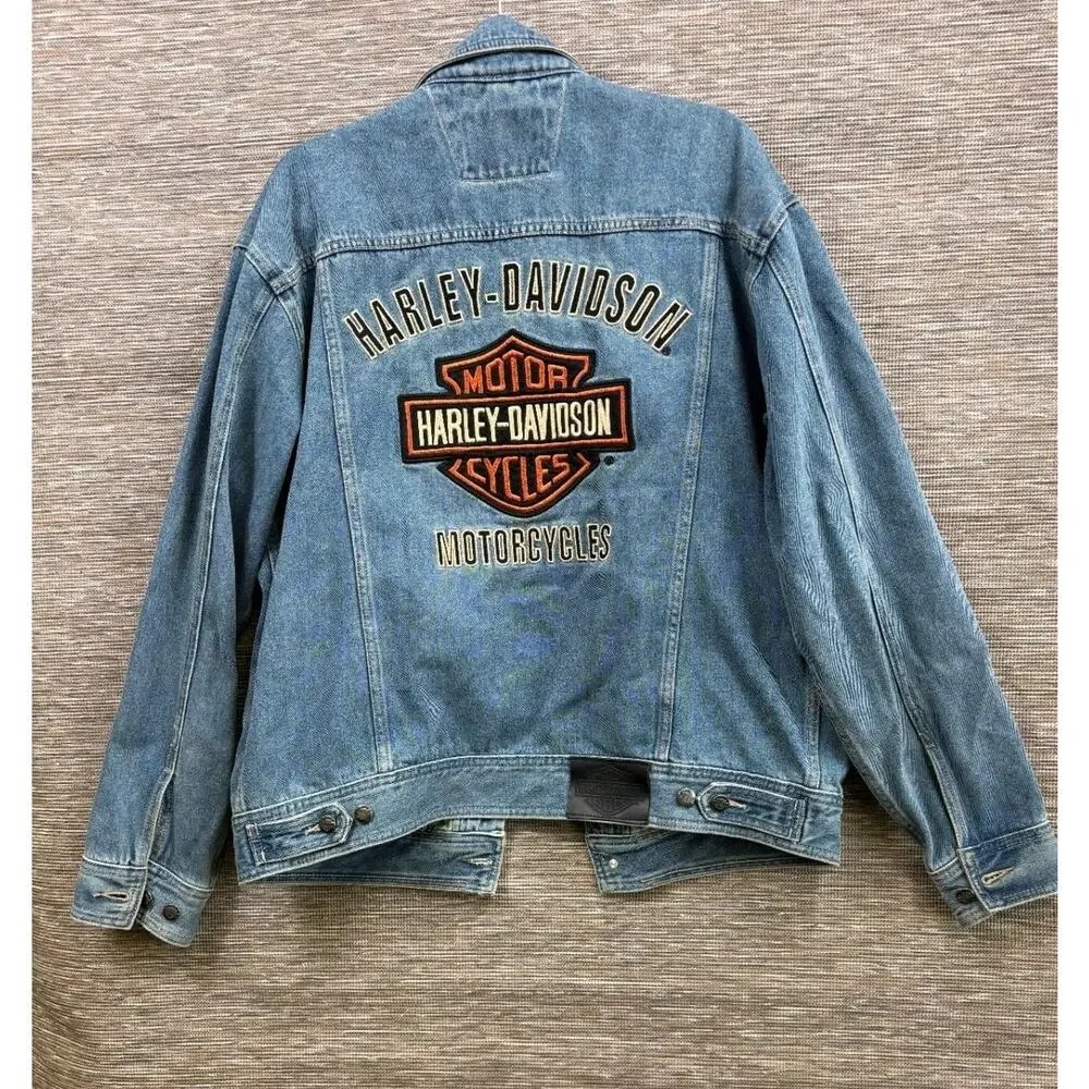 Vintage Harley Davidson Motorcycle Denim Jean Jacket Blue Cotton Men's Size L